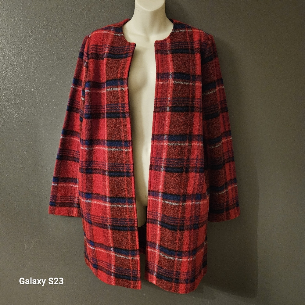 Max Studio Open Front Red Plaid Wool Blend Cost Cardigan